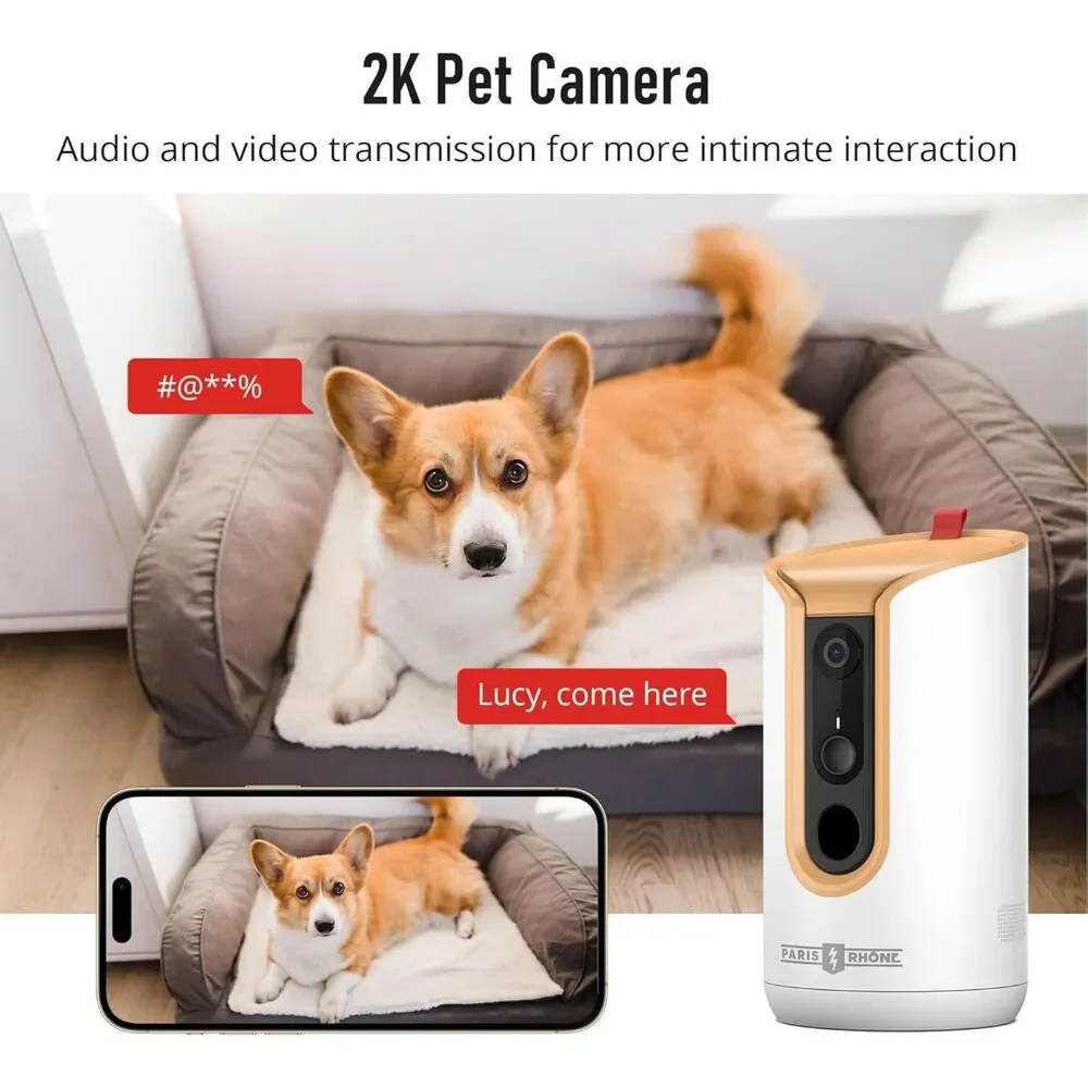 PARIS RHÔNE 2K Pet Camera, 360°View Dog Camera Treat Dispenser